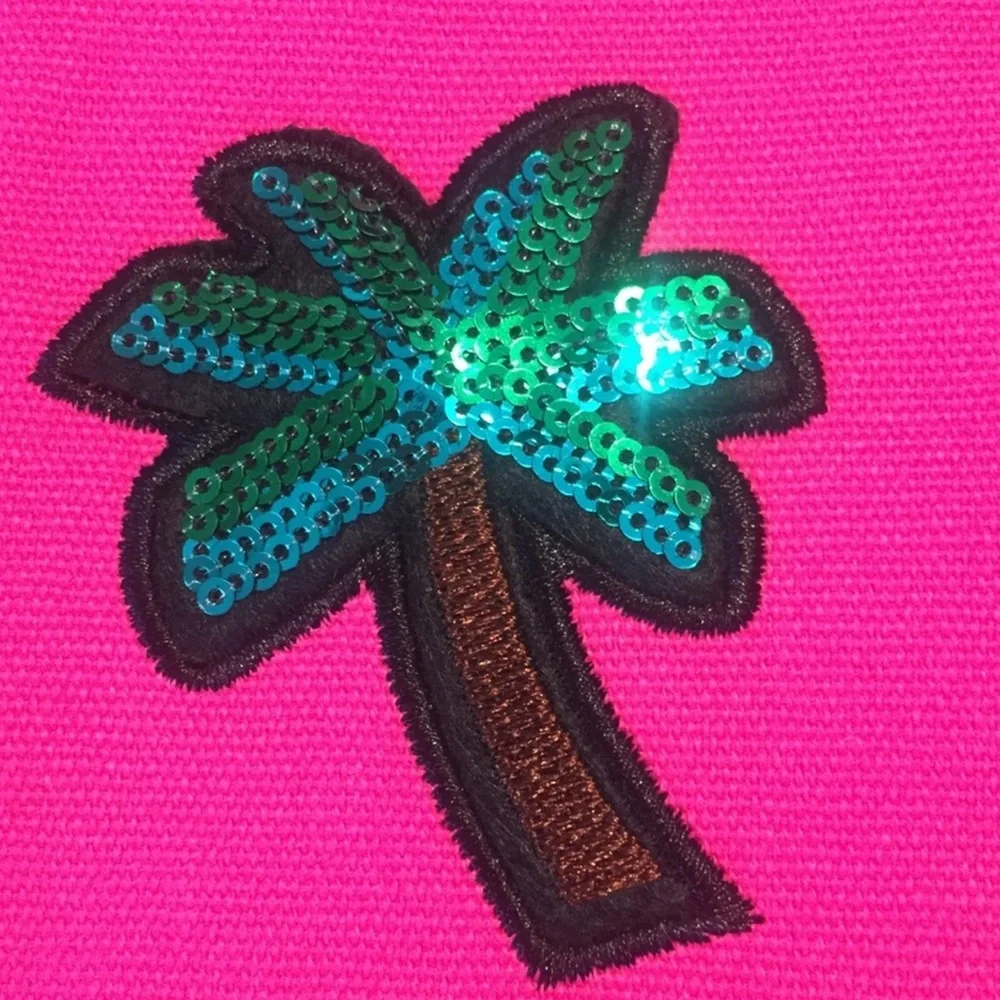 TARTE Tropical Neon Pink Cosmetic Bag Sequined Palm & Pineapple Clutch Gold Zip - Picture 4 of 7